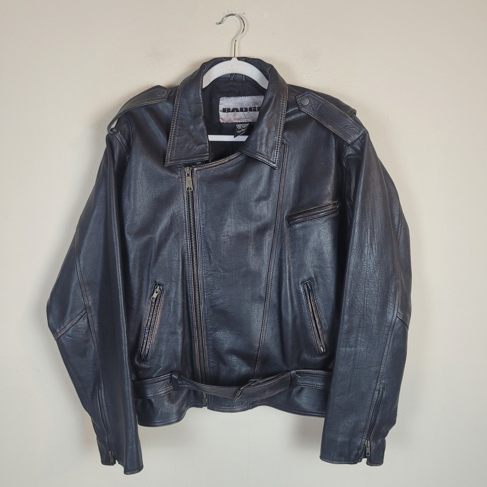 Badge Leather Jacket Mens Large Black Distressed Belted Moto Biker Asymmetrical - Picture 5 of 14